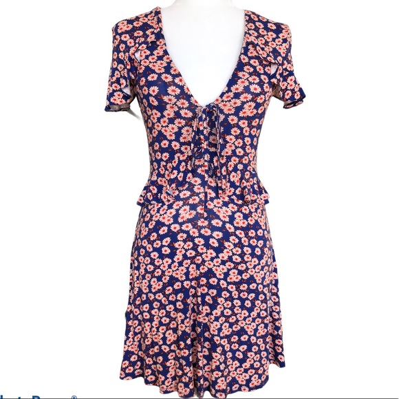 Topshop Deep V Blue W White/Orange Daisies Sz 4